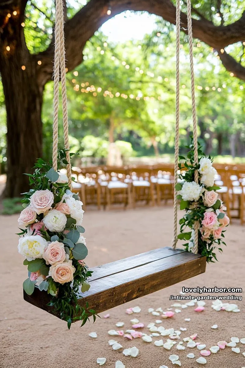 whimsical garden swing decorated with trailing flowers for dreamy couple photos 1