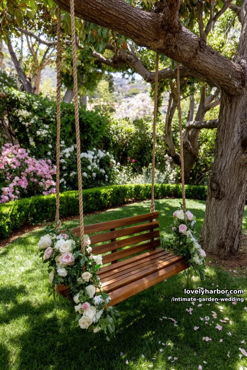whimsical garden swing decorated with trailing flowers for dreamy couple photos 1