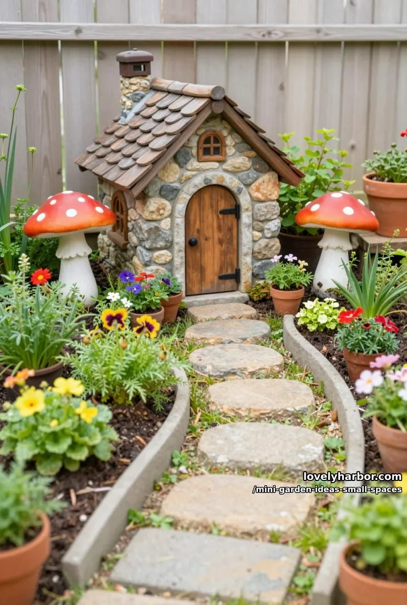 20 Mini Garden Ideas For Small Spaces 42 whimsical garden with miniature stone cottage and mushroom sculptures. 1