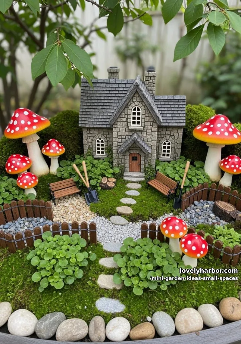 20 Mini Garden Ideas For Small Spaces 43 whimsical garden with miniature stone cottage and mushroom sculptures. 1