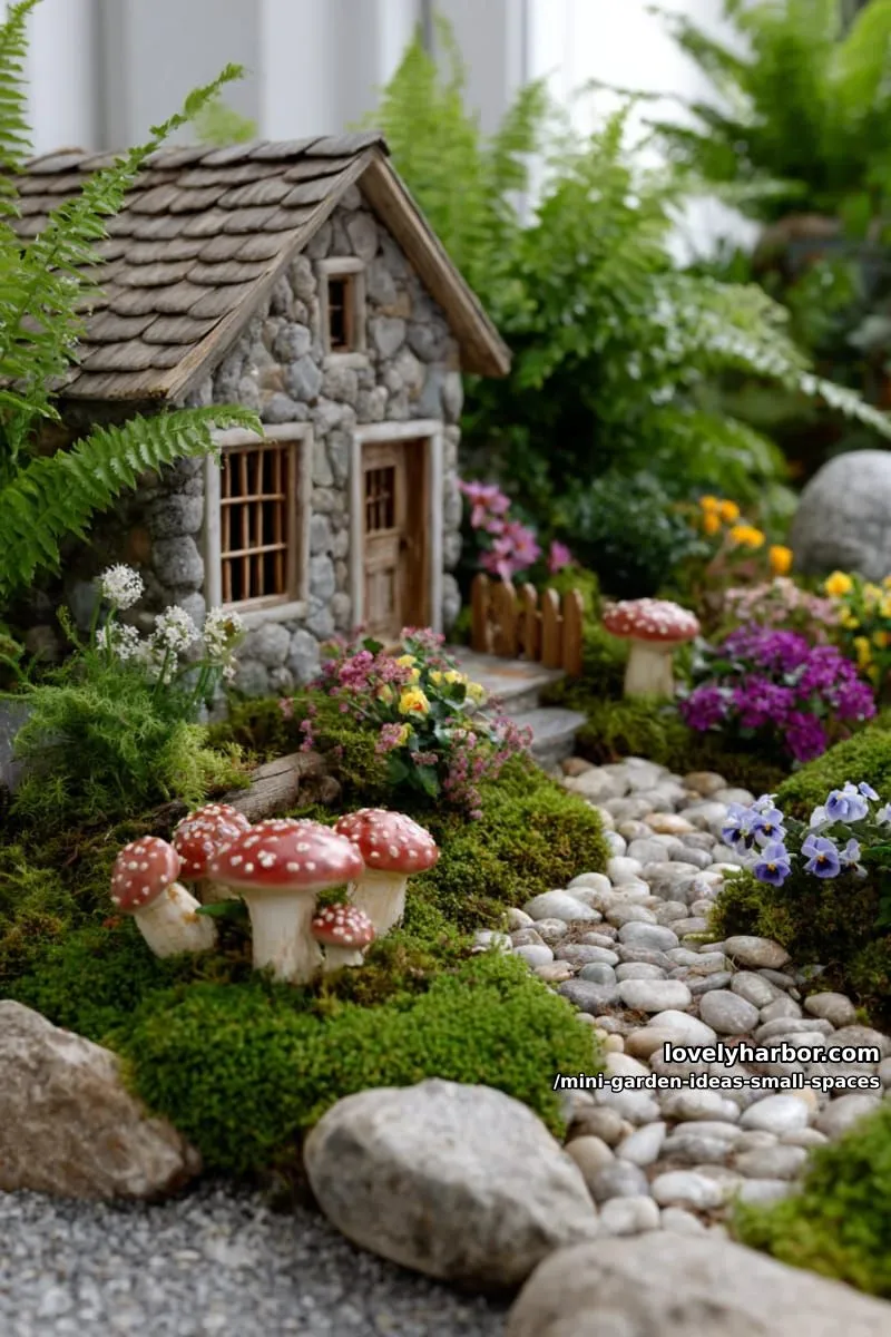 20 Mini Garden Ideas For Small Spaces 44 whimsical garden with miniature stone cottage and mushroom sculptures. 1