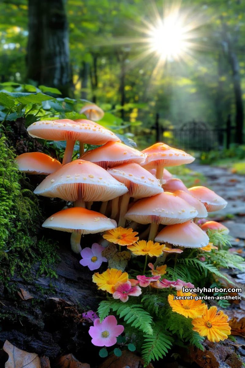 whimsical mushroom cluster glowing softly beneath a leafy tree 1