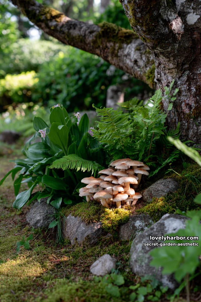 whimsical mushroom cluster glowing softly beneath a leafy tree 1