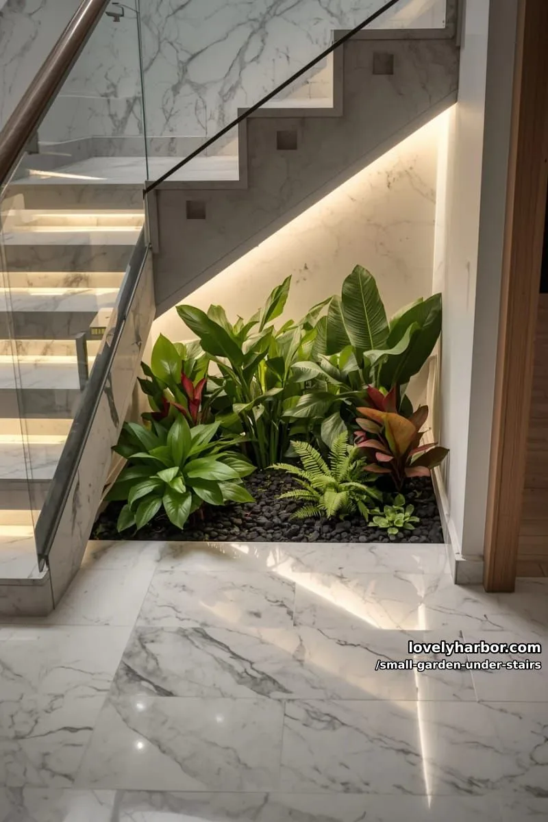 white marble floor, glass railing, tropical plant bed, and led strip lighting. 1