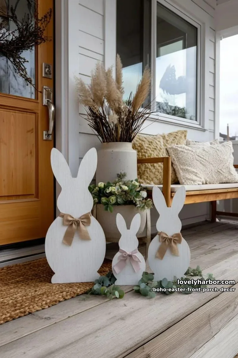 whitewashed wooden bunny cutouts with eucalyptus and muted boho ribbons 1