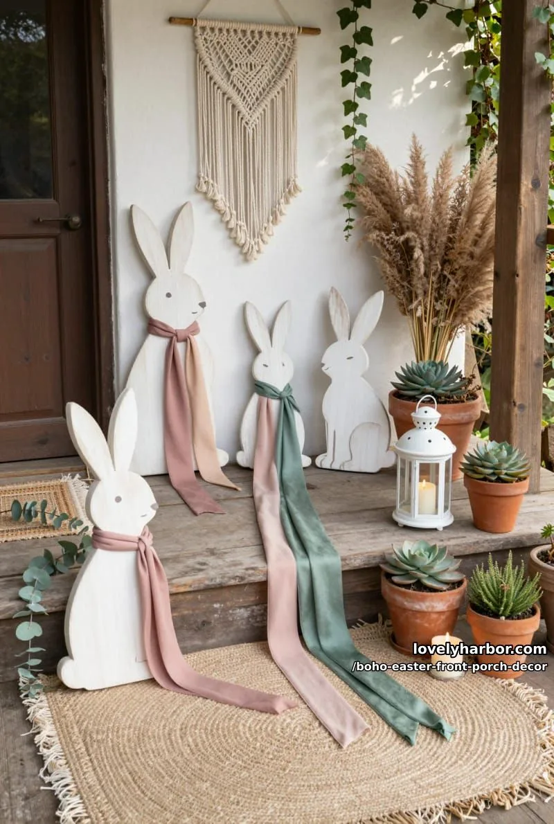 whitewashed wooden bunny cutouts with eucalyptus and muted boho ribbons 1