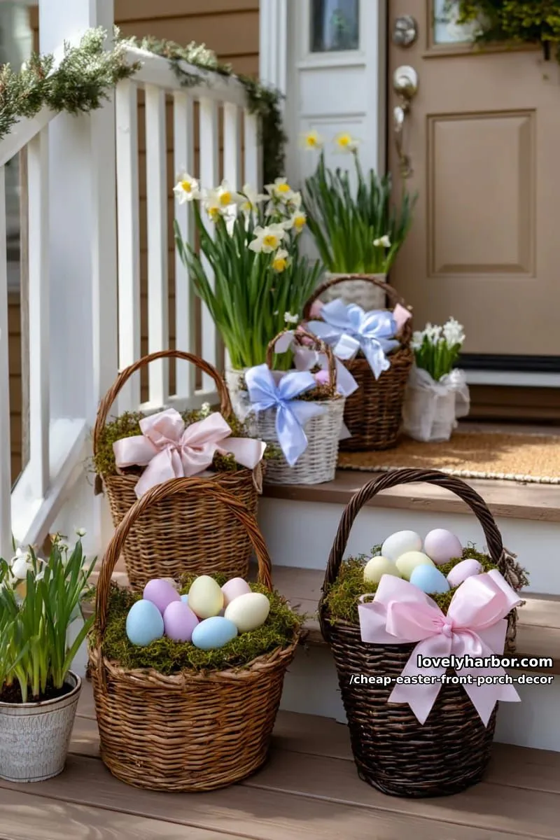 15 Cheap Easter Front Porch Decor Ideas On A Budget 20 wicker baskets filled with moss, pastel eggs, and ribbon bows 1