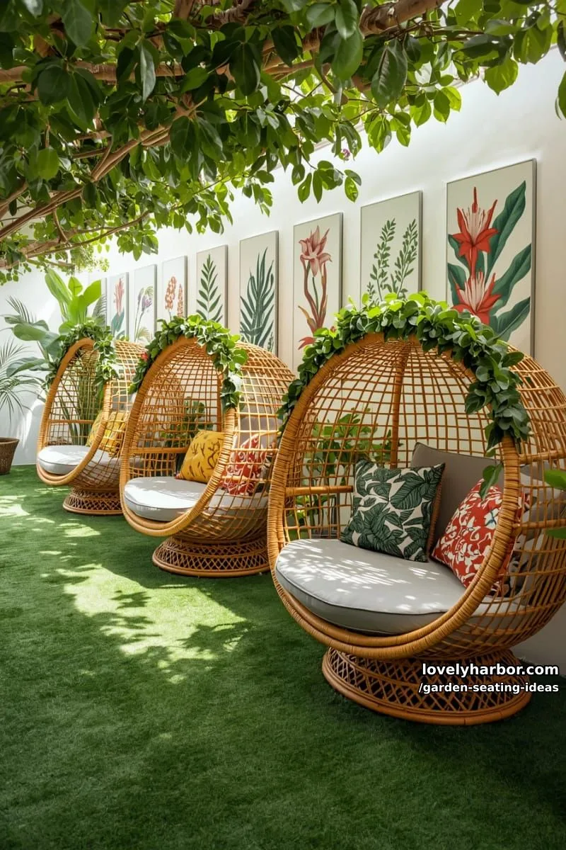 wicker lounge chairs with rope frames, foliage, and colorful pillows 1
