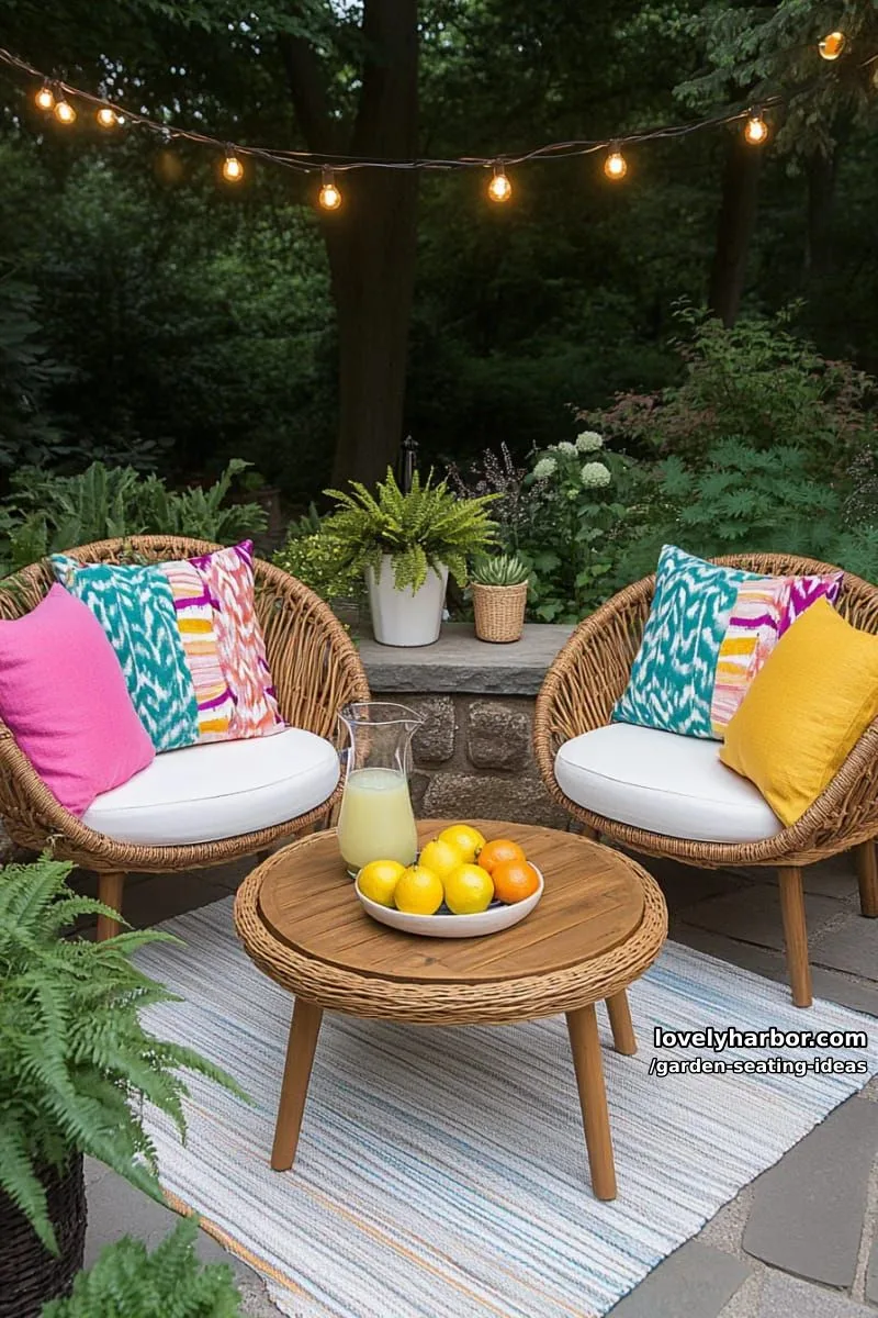 wicker lounge chairs with rope frames, foliage, and colorful pillows 1