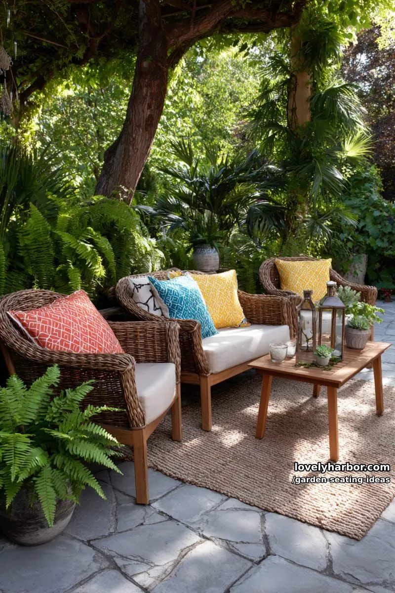 wicker lounge chairs with rope frames, foliage, and colorful pillows 1