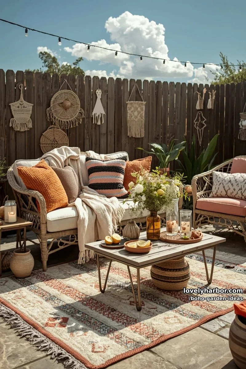 wicker loveseat, textured pillows, wooden tables, string lights, and potted plants. 1