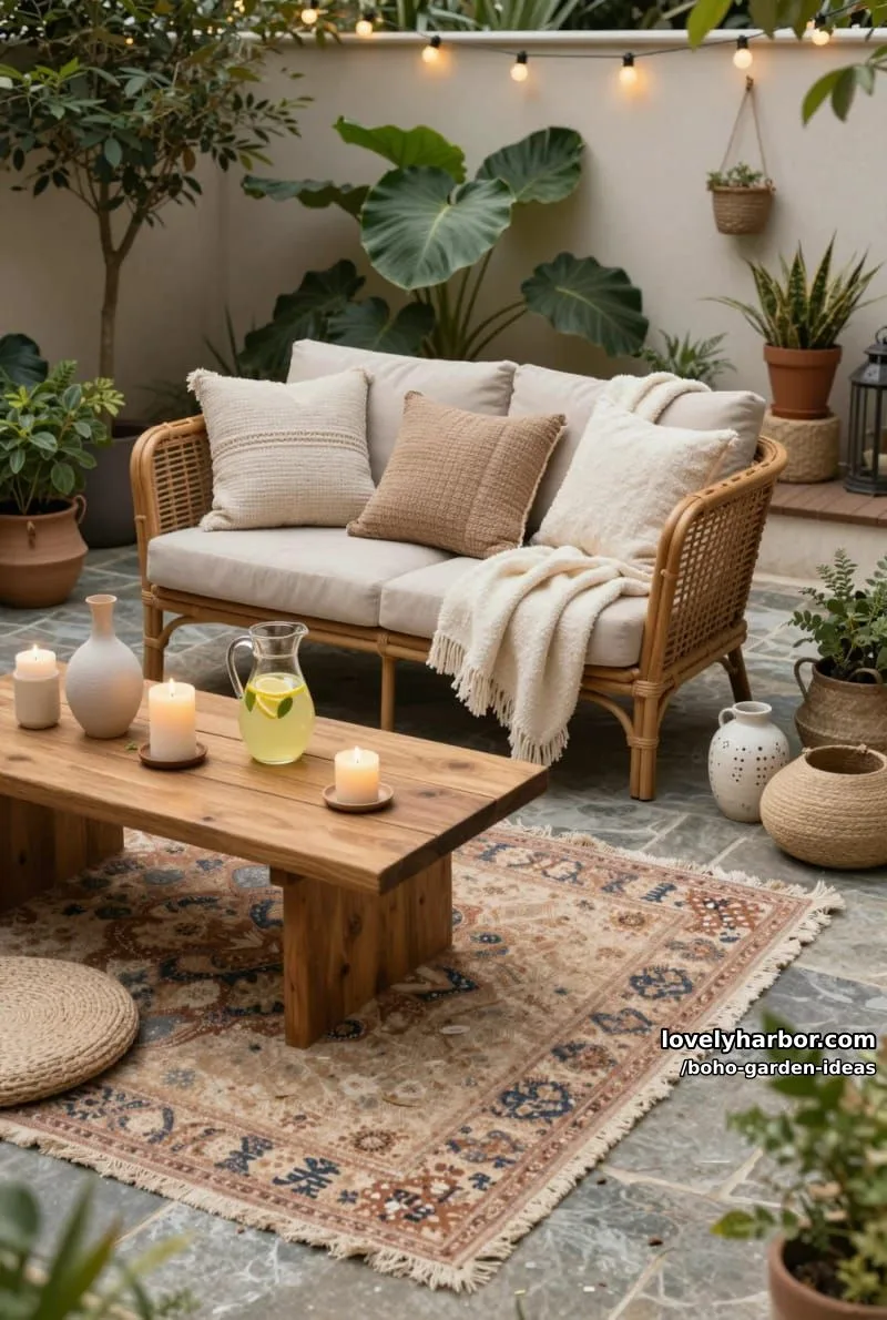 wicker loveseat, textured pillows, wooden tables, string lights, and potted plants. 1