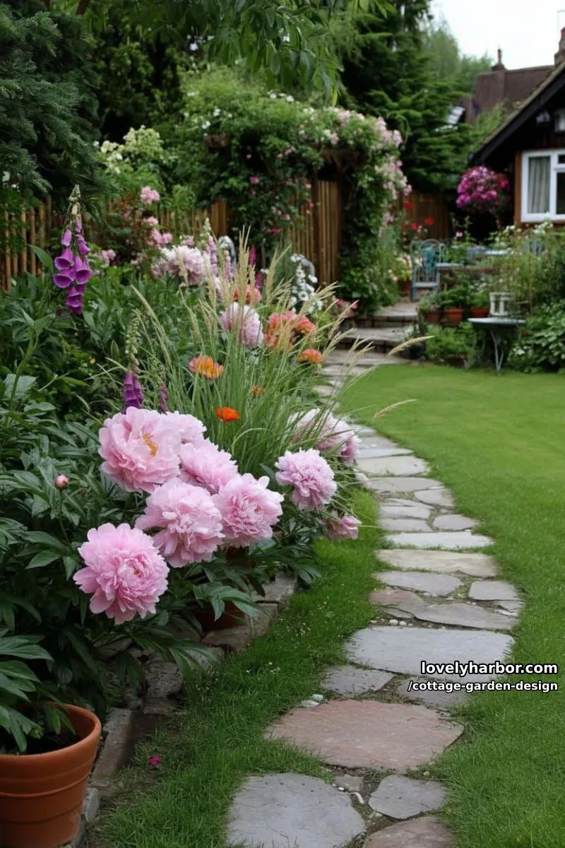 wild cottage garden with pink, orange, purple flowers and tall grasses 1