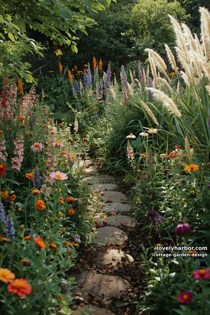 wild cottage garden with pink, orange, purple flowers and tall grasses 1