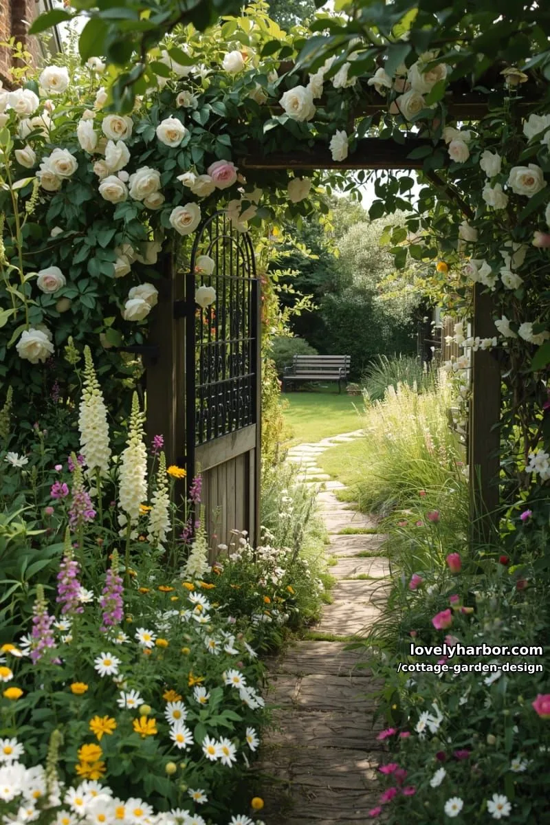 wildflower cottage garden with trellis, wire gate, and green lawn 1