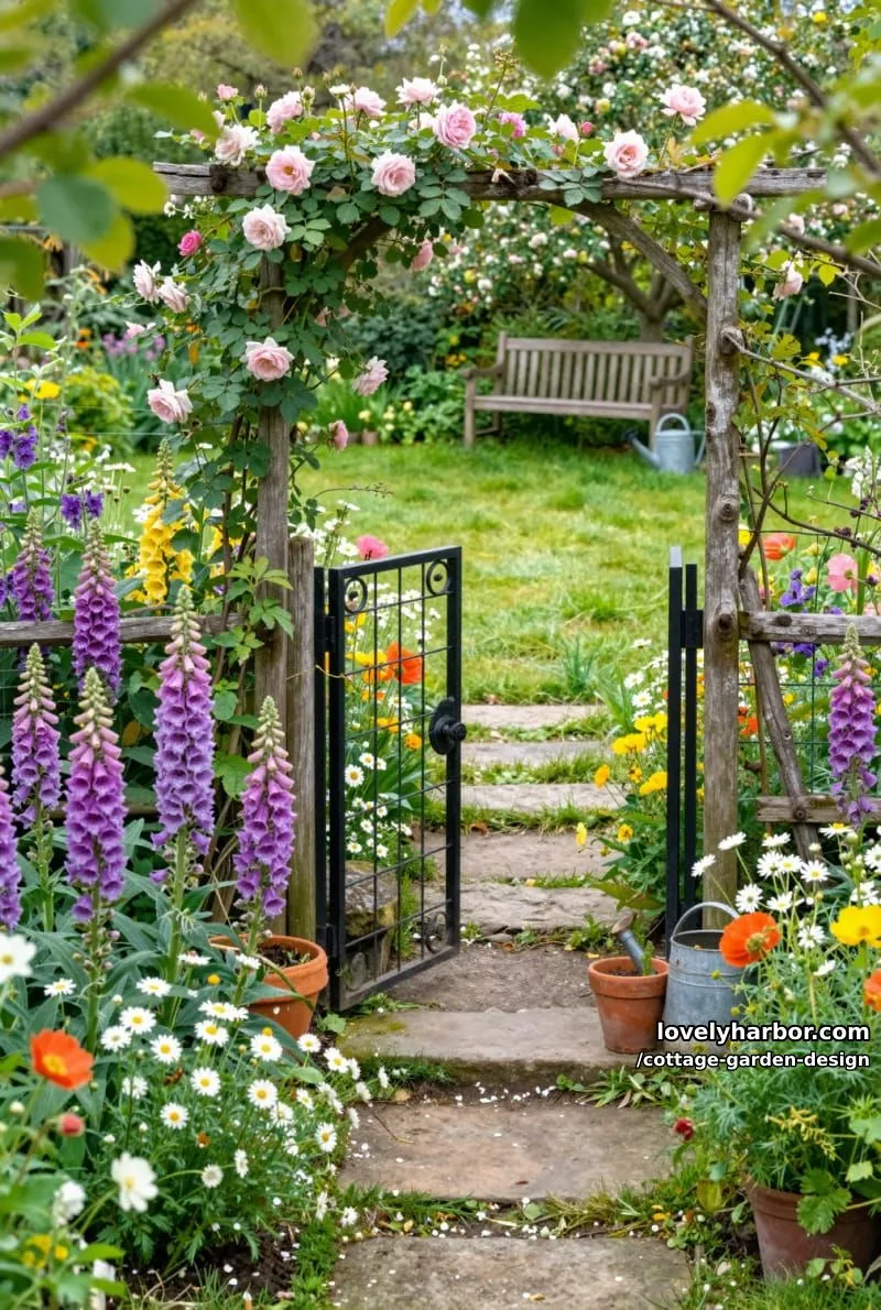 wildflower cottage garden with trellis, wire gate, and green lawn 1
