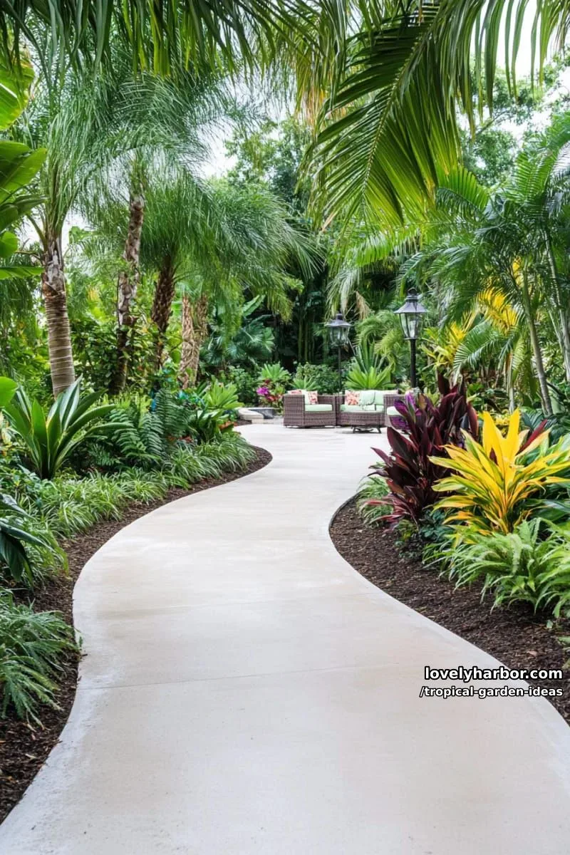winding concrete path through lush tropical garden and palms. 1