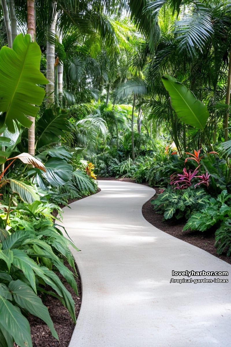 winding concrete path through lush tropical garden and palms. 1