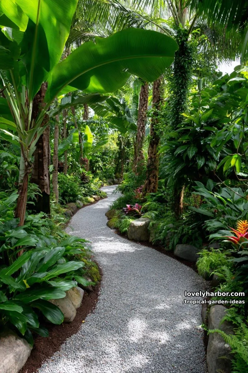 winding gravel path through dense jungle-like tropical vegetation. 1