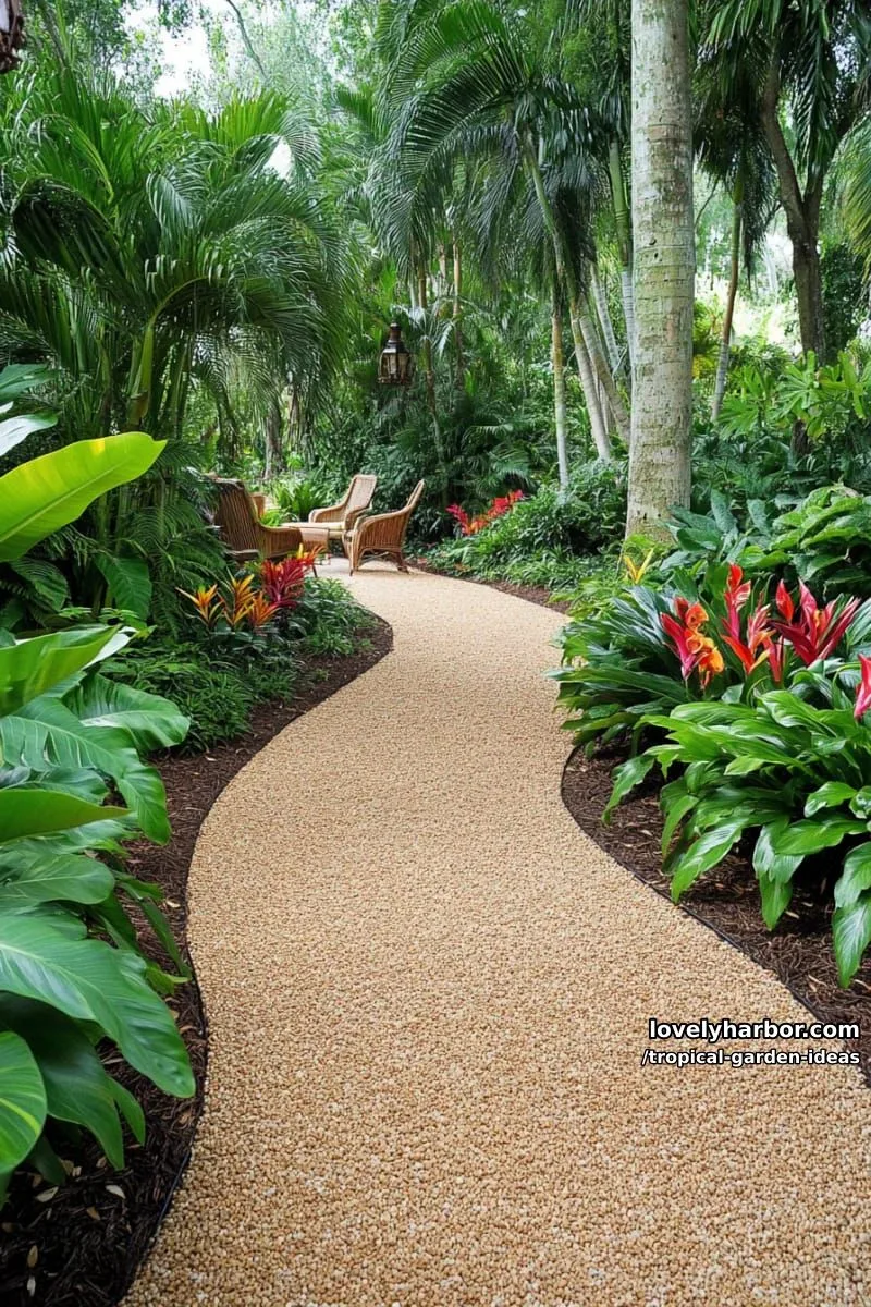 winding gravel path through dense jungle-like tropical vegetation. 1