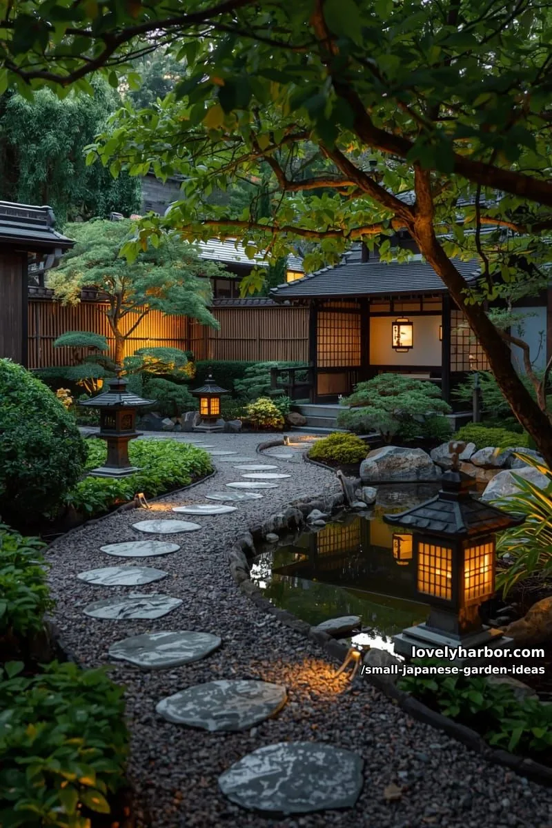 winding stone path, pond, stone lanterns, and bamboo fence in tranquil garden. 1