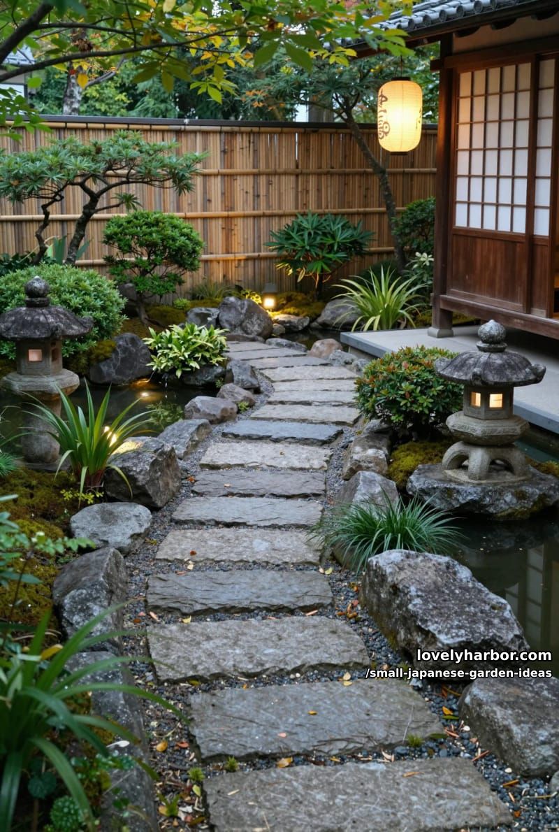 winding stone path, pond, stone lanterns, and bamboo fence in tranquil garden. 1