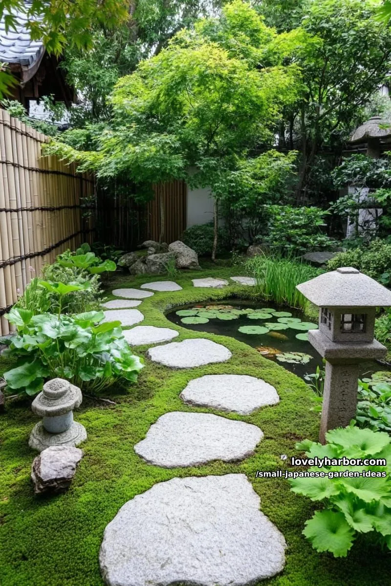 winding stone path, pond, stone lanterns, and bamboo fence in tranquil garden. 1