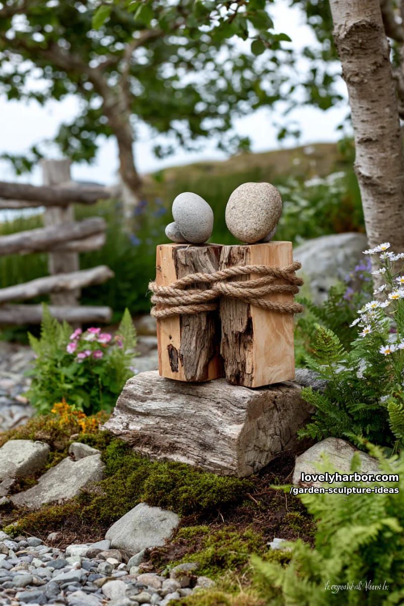 wooden block sculpture with oval stone heads connected by twisted rope embrace. 1