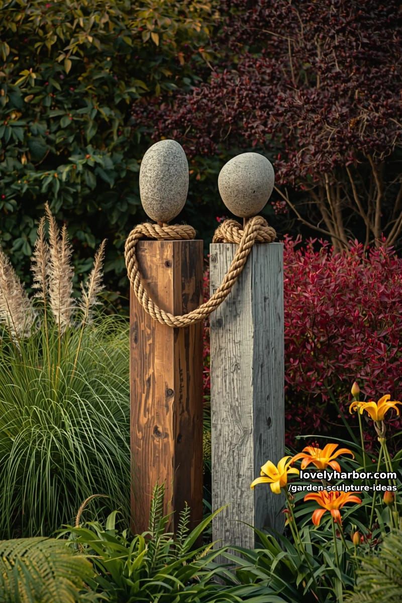 wooden block sculpture with oval stone heads connected by twisted rope embrace. 1