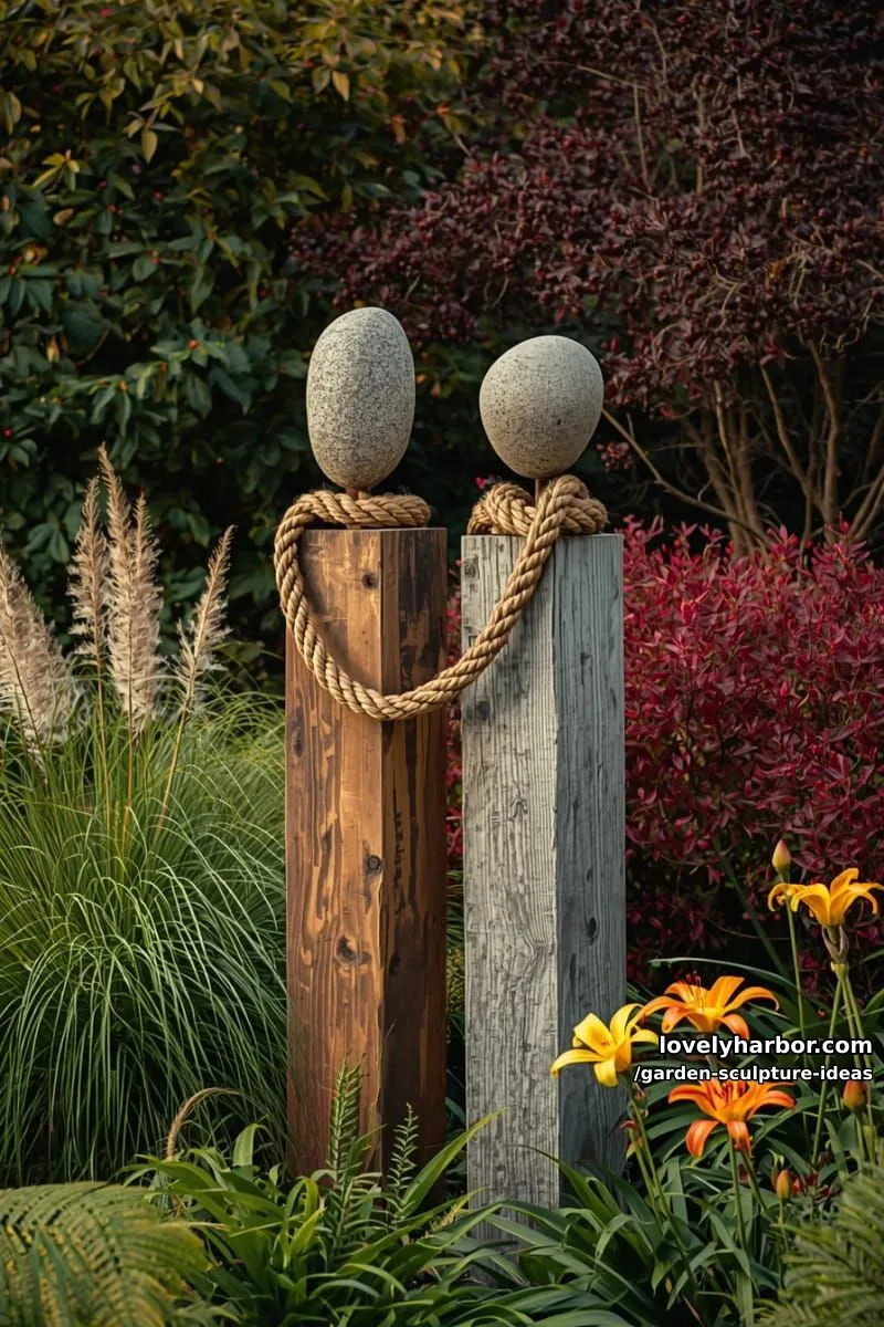 wooden block sculpture with oval stone heads connected by twisted rope embrace. 1