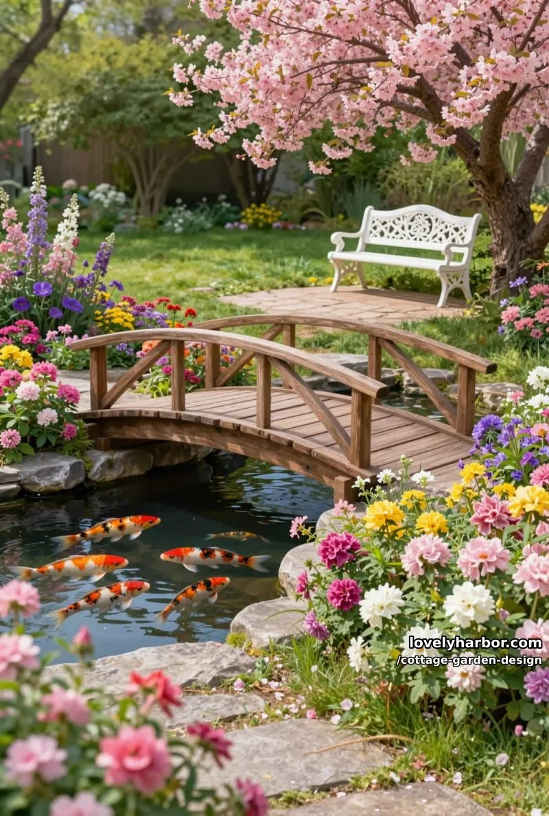 wooden bridge over koi pond with flowering trees and garden bench 1