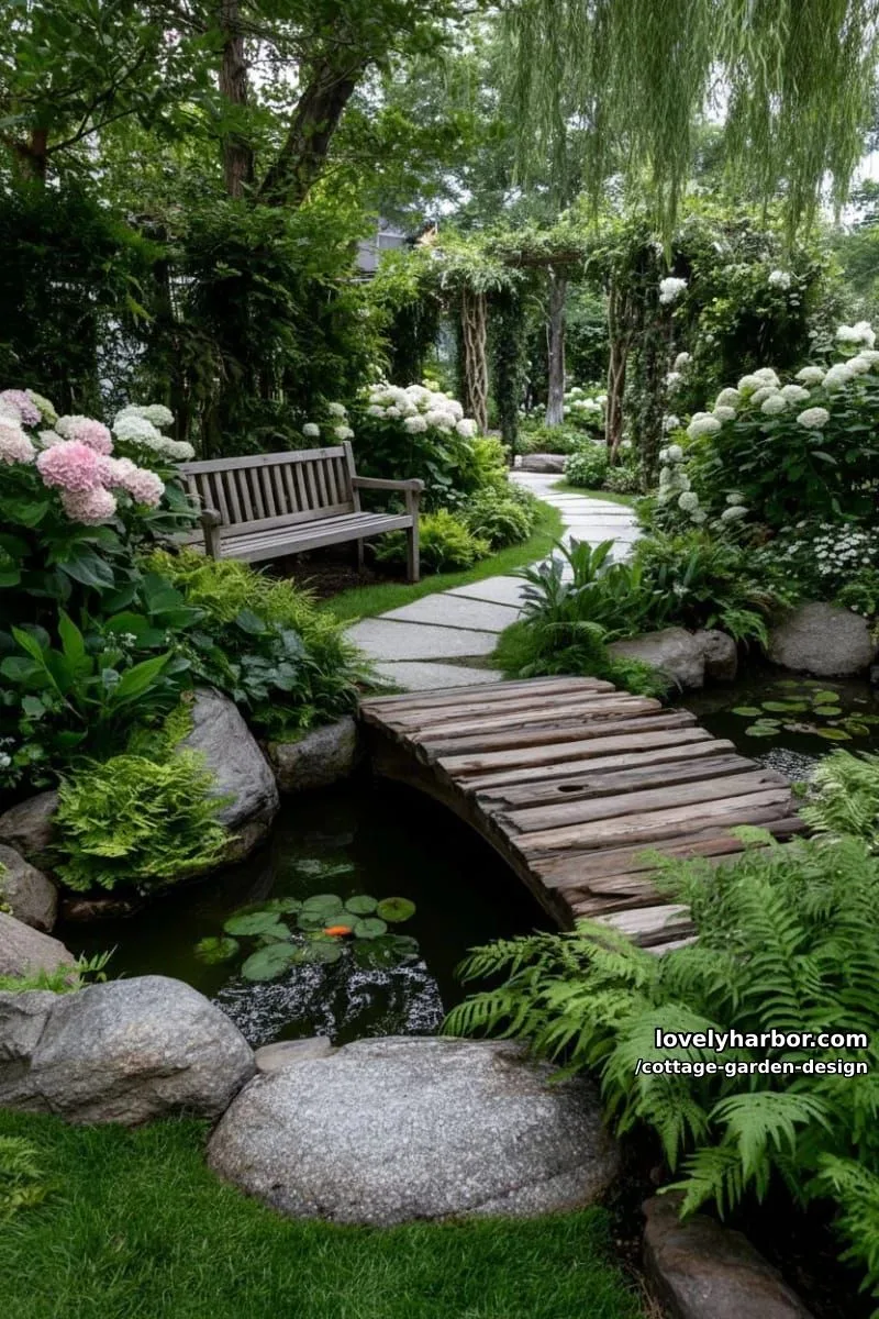 wooden bridge over koi pond with flowering trees and garden bench 1