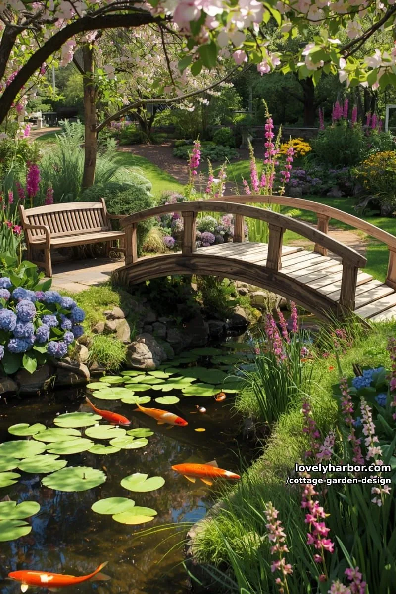 wooden bridge over koi pond with flowering trees and garden bench 1