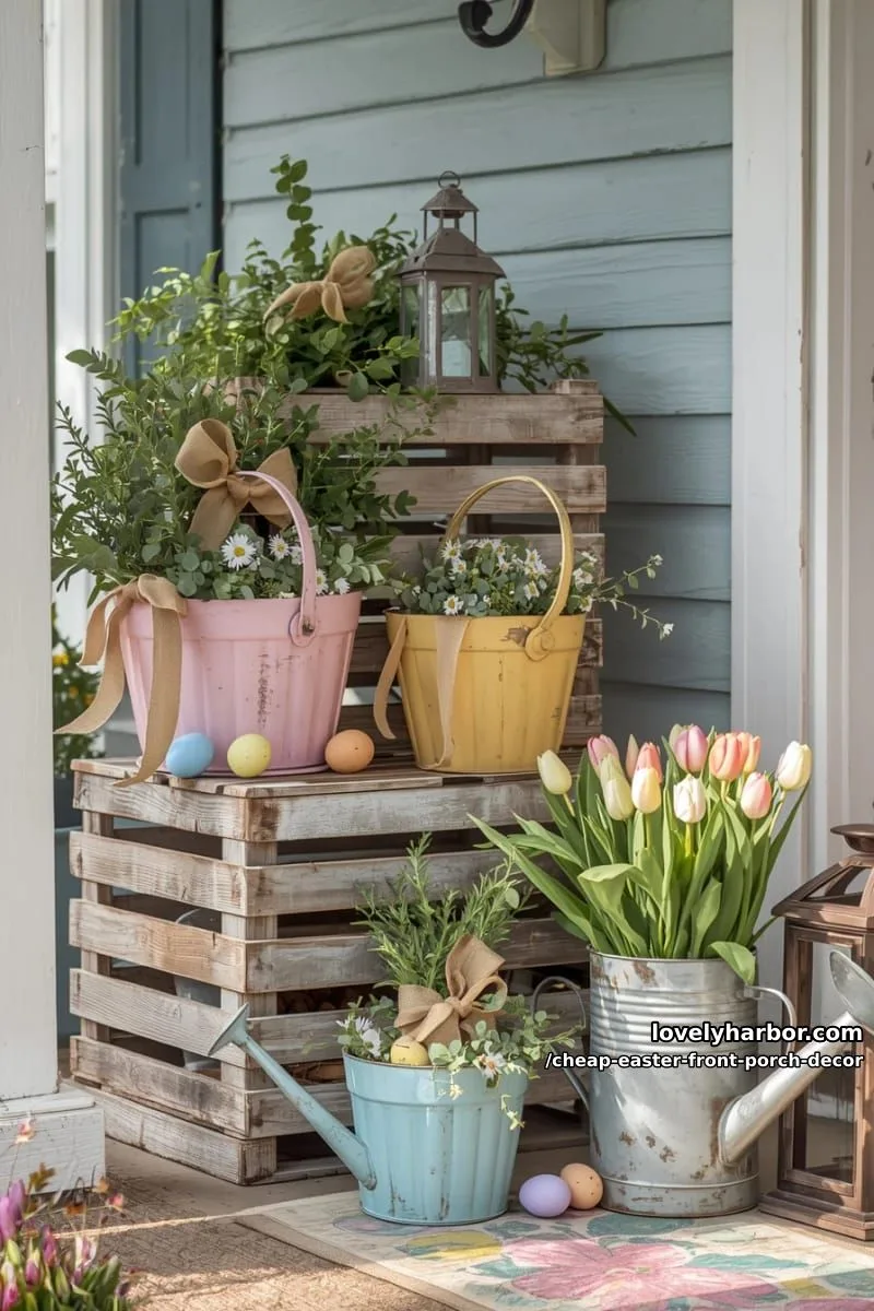 15 Cheap Easter Front Porch Decor Ideas On A Budget 9 wooden crate stacked with thrifted easter baskets and greenery 1
