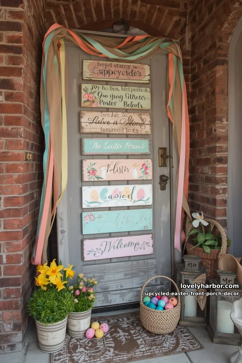 wooden door frame collage, featuring upcycled easter signs and ribbon streamers 1