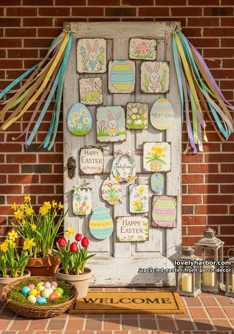 wooden door frame collage, featuring upcycled easter signs and ribbon streamers 1