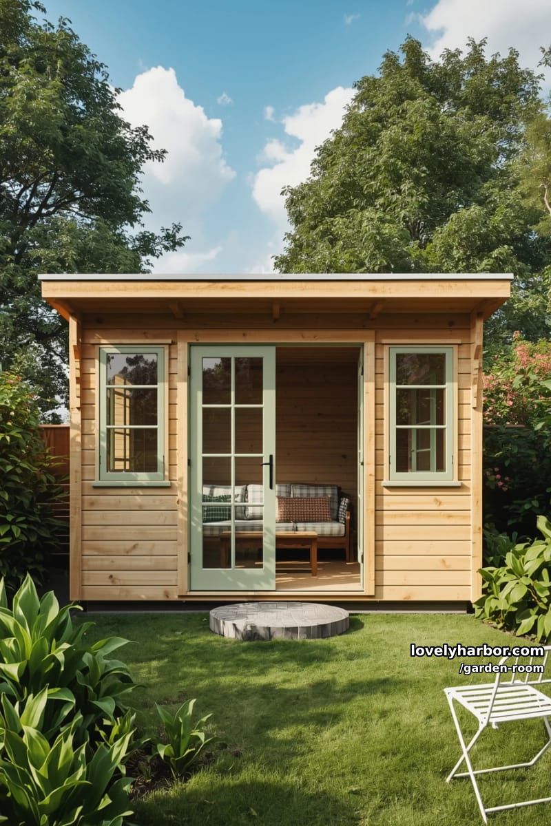 wooden garden house with sage green french doors and cozy interior. 1