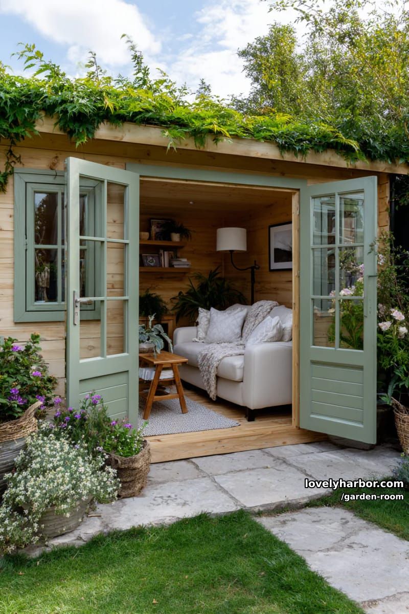 wooden garden house with sage green french doors and cozy interior. 1
