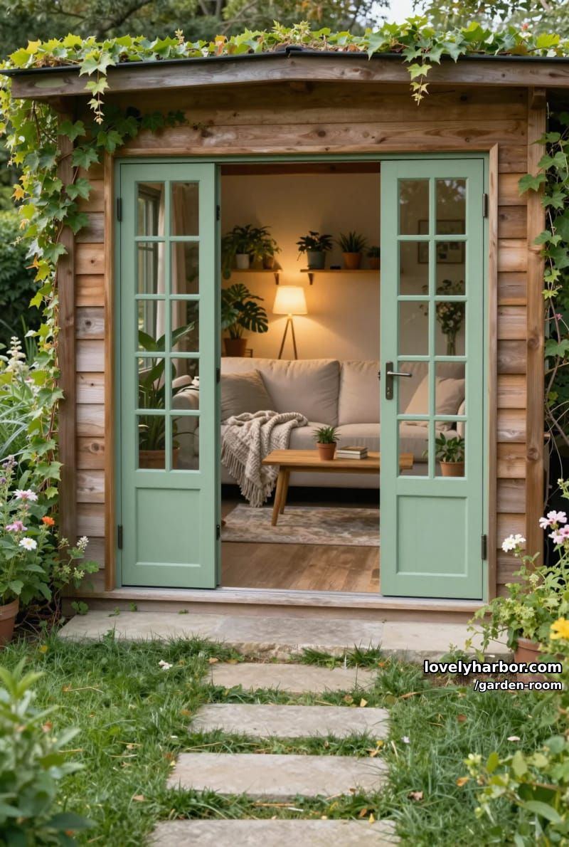 wooden garden house with sage green french doors and cozy interior. 1