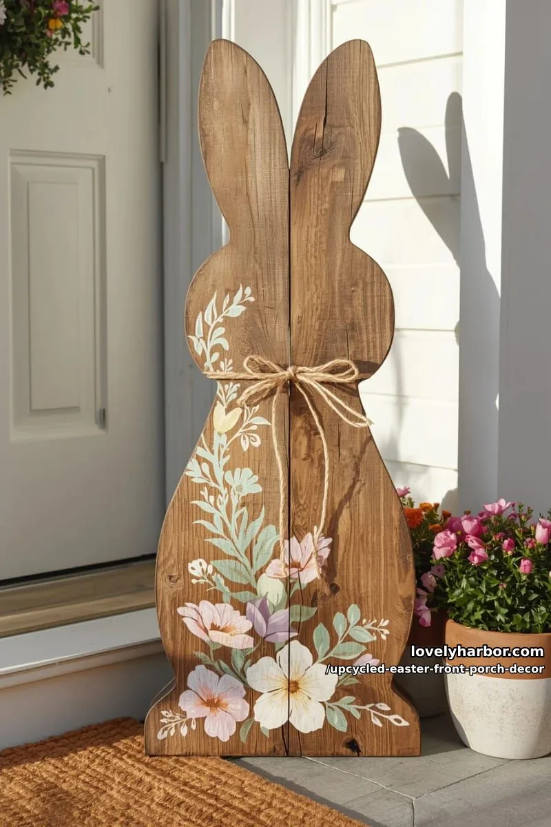 wooden pallet bunny silhouette with painted floral accents and twine bow 1