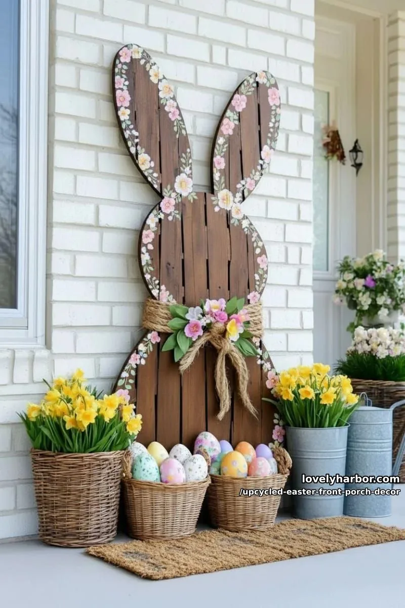 wooden pallet bunny silhouette with painted floral accents and twine bow 1