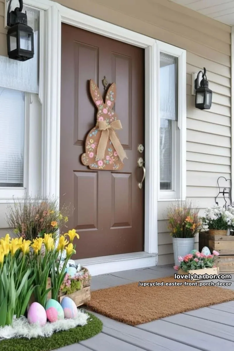wooden pallet bunny silhouette with painted floral accents and twine bow 1