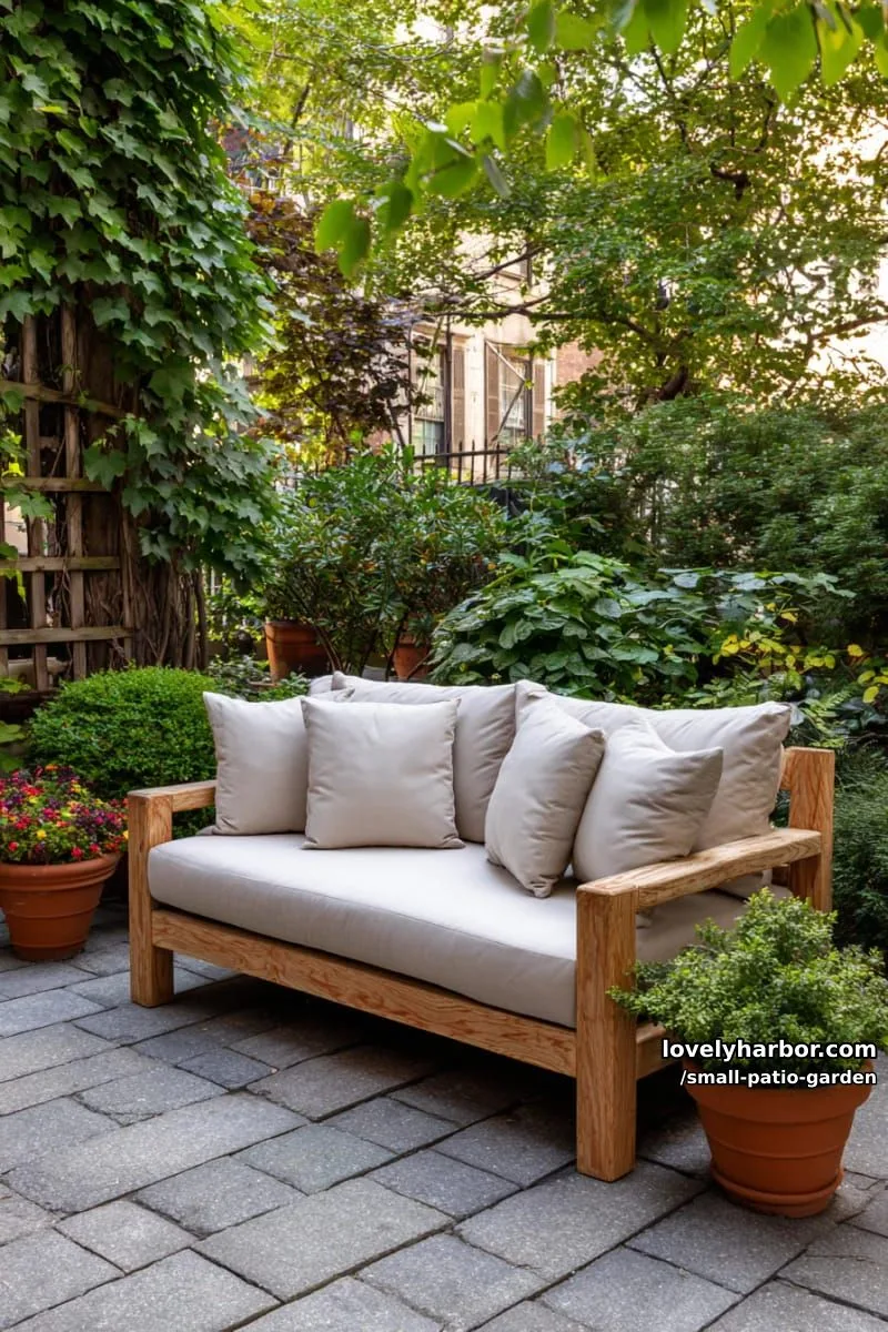 wooden patio sofa, terracotta pots, gray pavers, and tranquil garden setting. 1