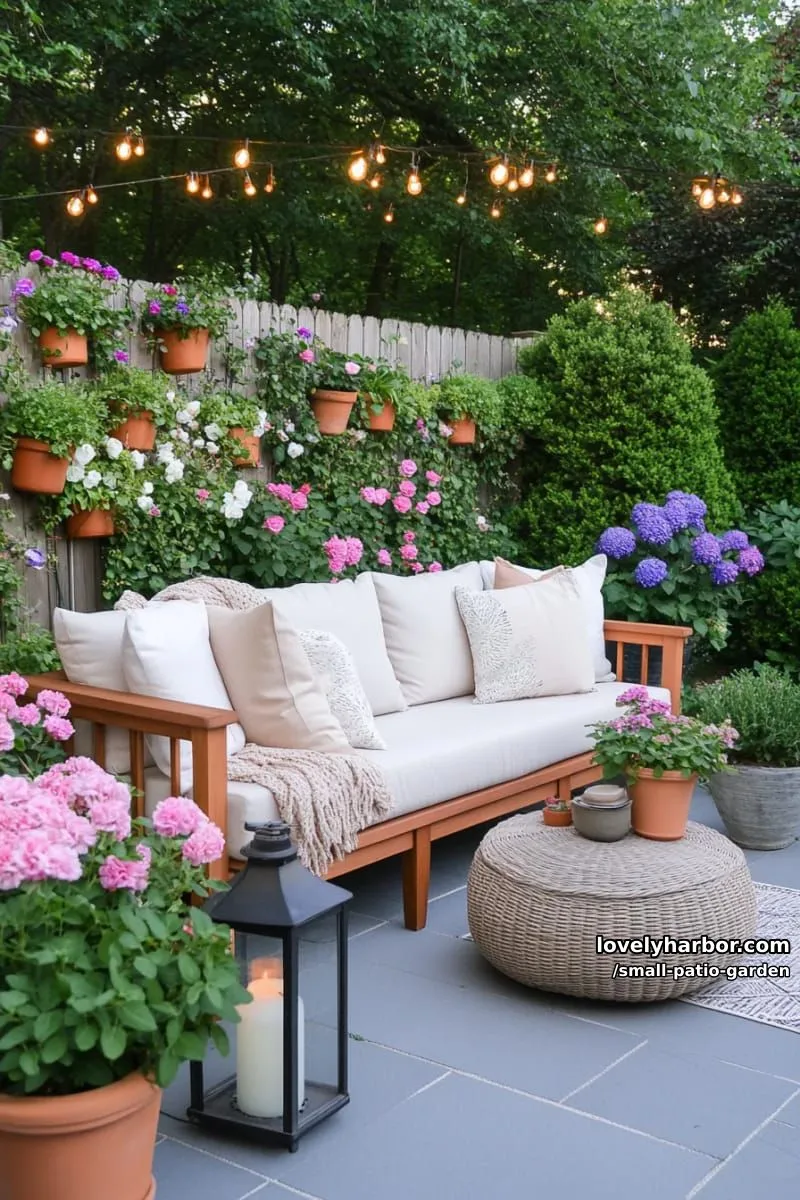 wooden patio sofa, terracotta pots, gray pavers, and tranquil garden setting. 1