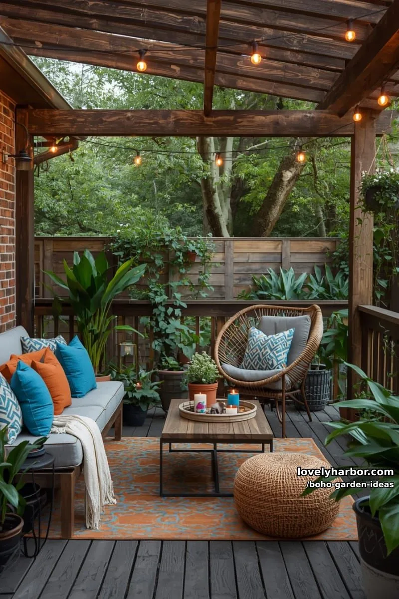 wooden pergola patio with patterned pillows, rattan chair, and potted plants. 1
