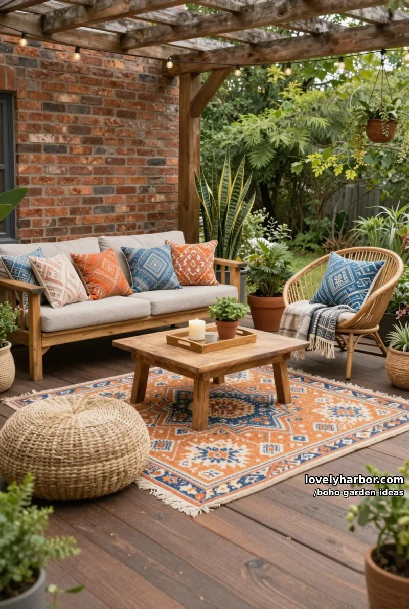 wooden pergola patio with patterned pillows, rattan chair, and potted plants. 1