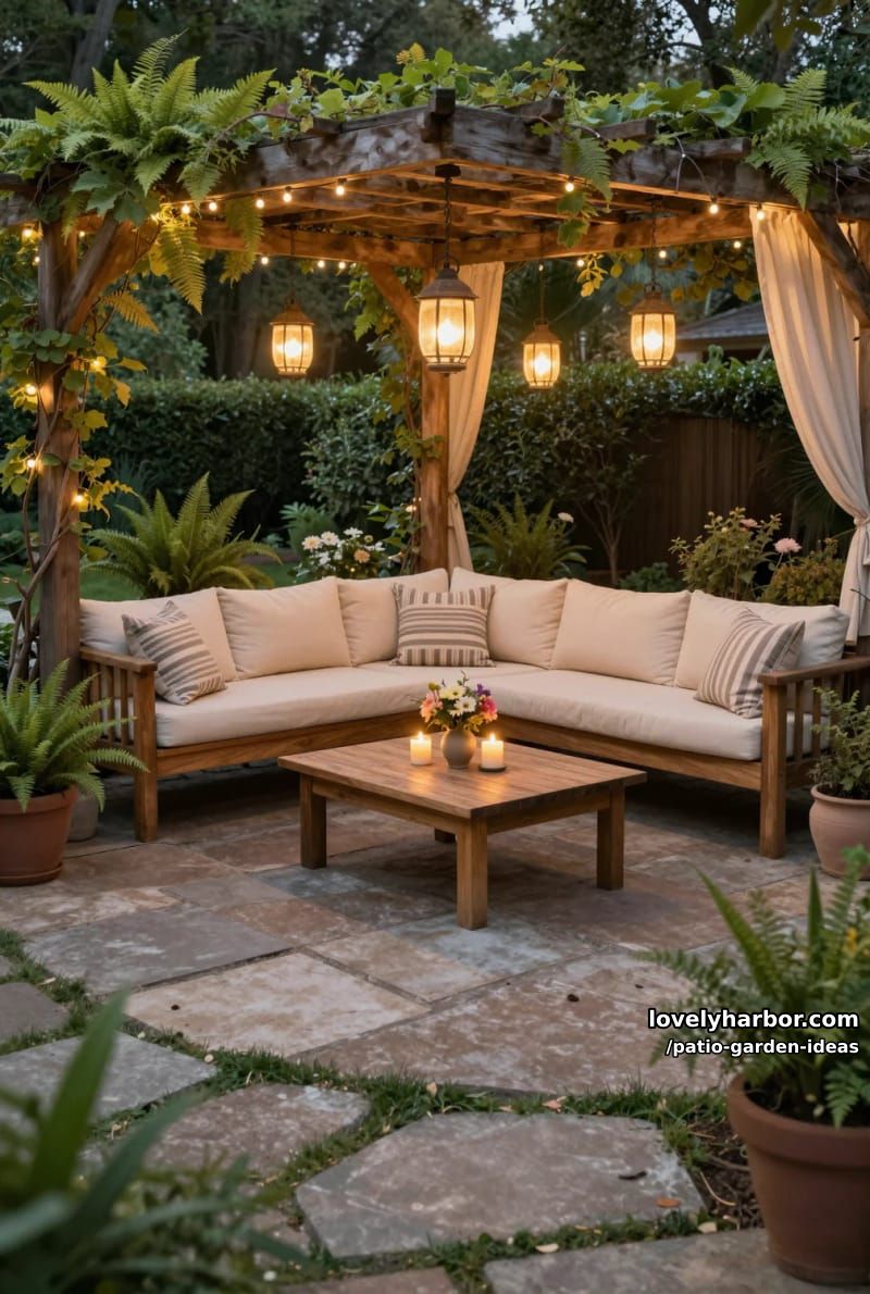 wooden pergola patio with string lights, l-shaped sofa, and soft drapes. 1
