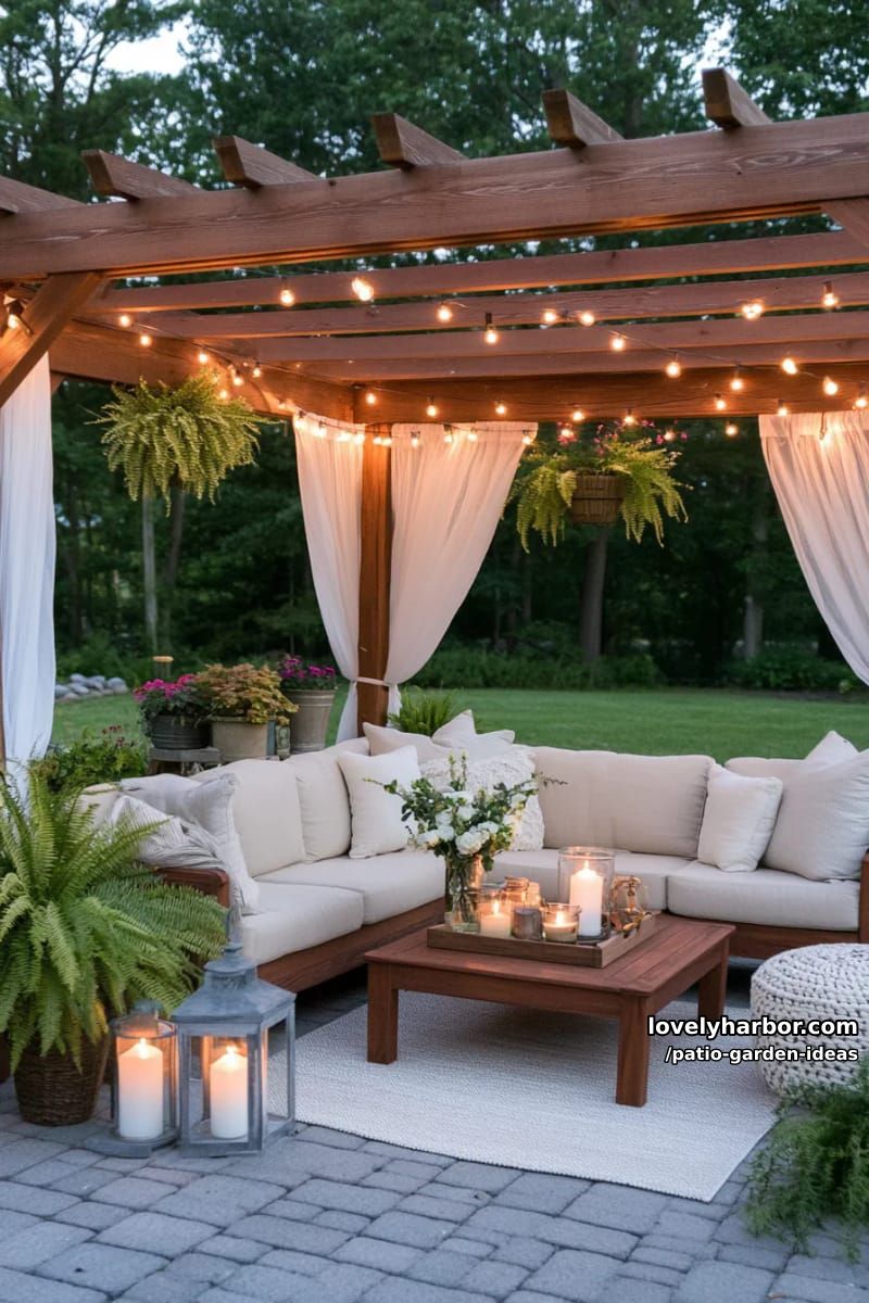 wooden pergola patio with string lights, l-shaped sofa, and soft drapes. 1