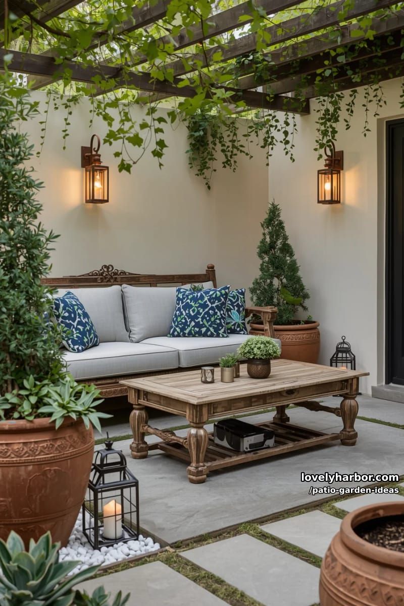 wooden sofa patio with terracotta pots, candles, and overhead greenery. 1