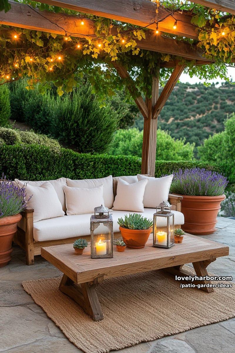 wooden sofa patio with terracotta pots, candles, and overhead greenery. 1